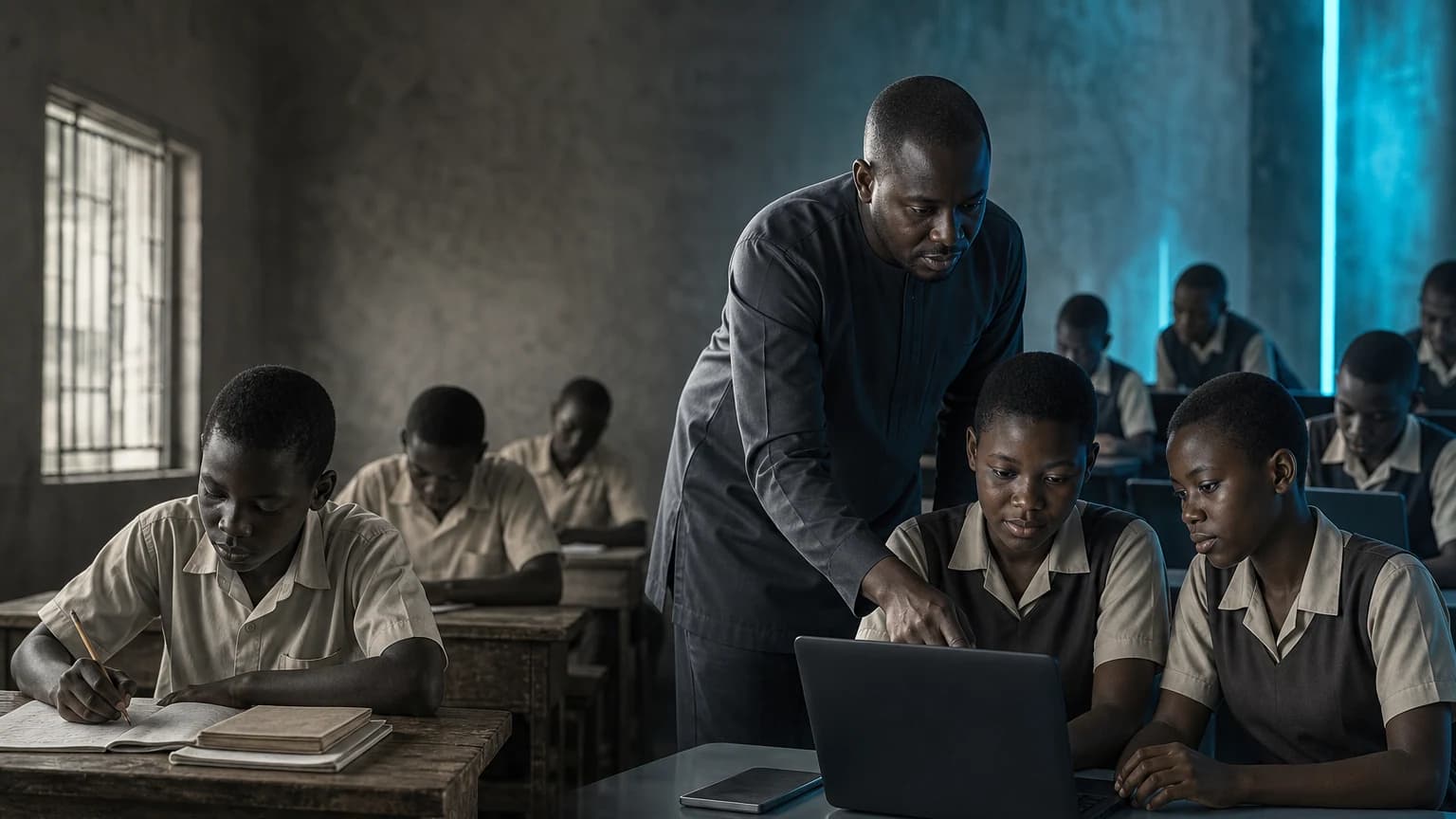 An editorial scene for Edo State schools / World Bank study contrasts continues business-as-usual classes and study without the six-week after-school intervention. with completes curriculum-aligned english, ai, and digital-skills activities in twelve 90-minute lab sessions. in the teacher-facilitated gpt-4 tutoring workflow.