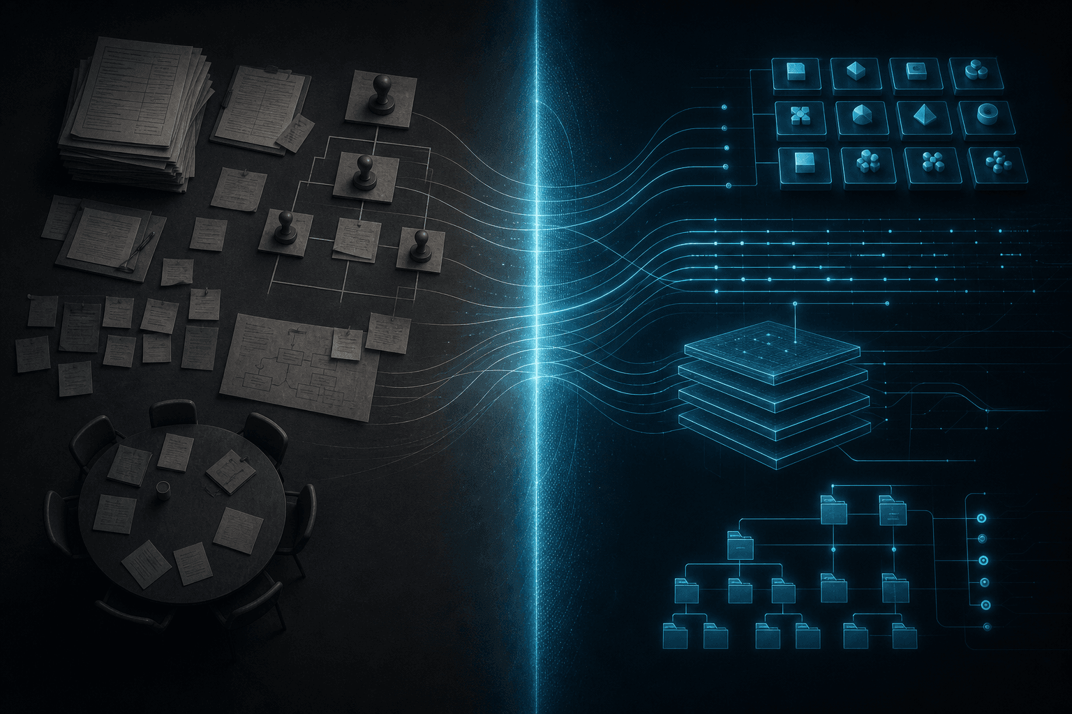 An enterprise rendered as two facing columns — human-legible forms, approval chains, wikis, and status meetings on the left; machine-legible intent capture, policy-as-code, context packages, observability streams, and executable context on the right, joined by a translation layer in the middle.