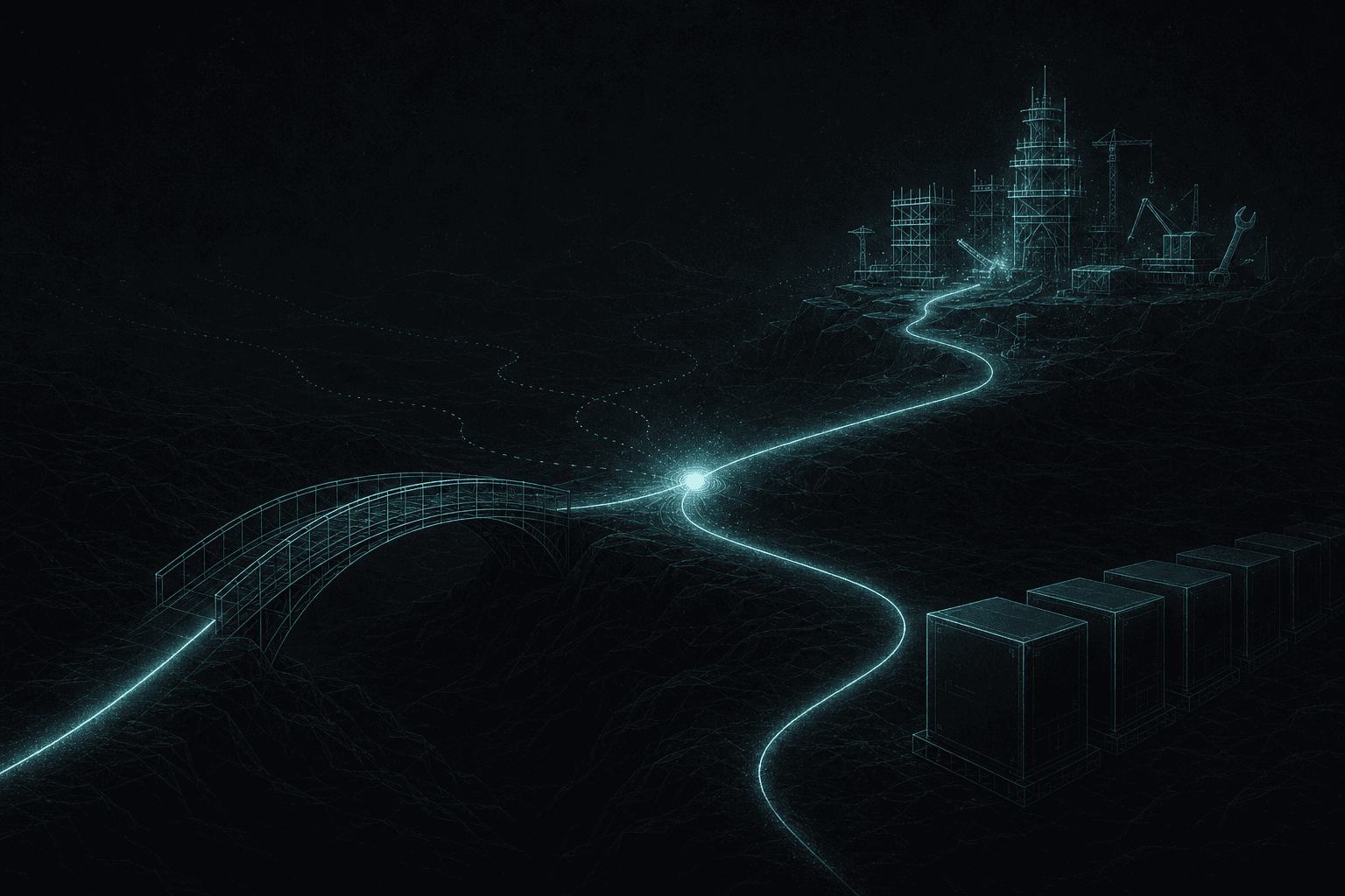 A branching path diverging into two forks under a bridge labeled FDE; on one side a domain native at a workbench authoring evals, on the other a governed packaged vertical delivered by a services team.