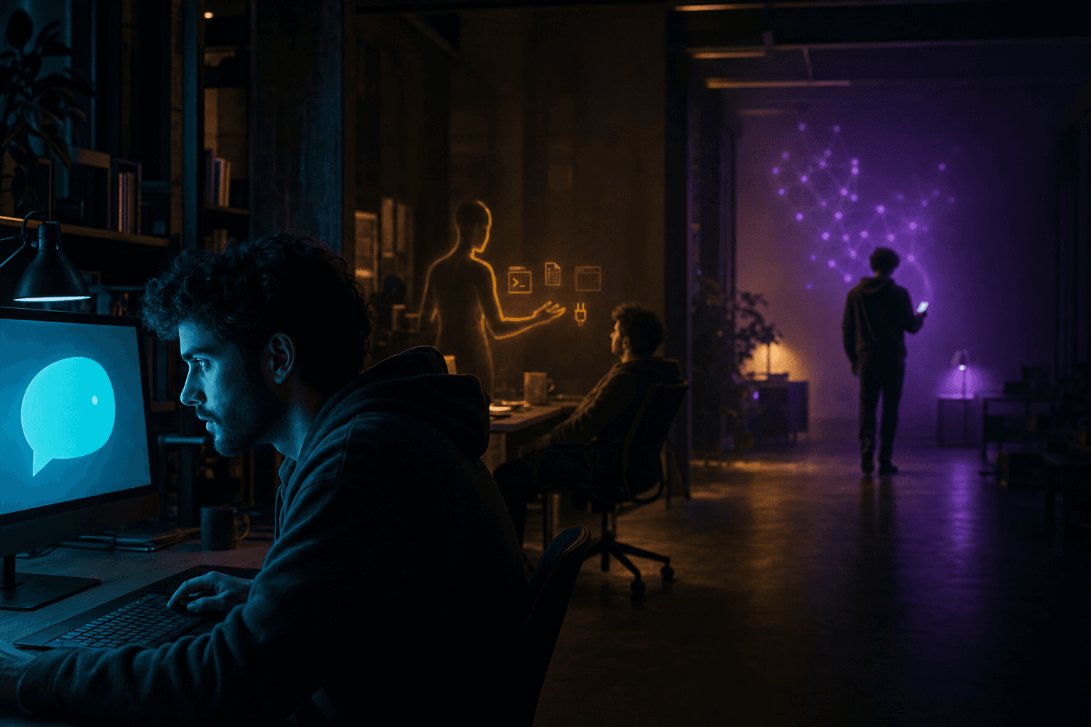 The three postures of AI work, captured as a single cinematic editorial photograph: a person seated at a glowing chat-bubble screen in the cyan-lit foreground, the same person leaning back while an agent figure manipulates tool glyphs in the amber-lit middle distance, and the same person walking away toward a violet mesh of agent nodes glowing on a far wall, a single signal arcing out to a phone in their hand.