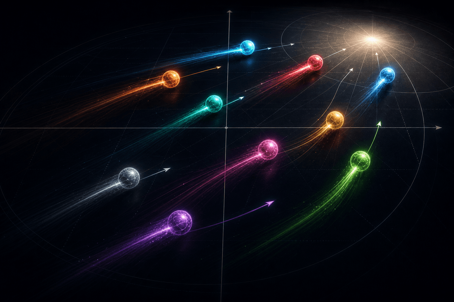 An editorial dark-mode scene of the AI platform race: about ten glowing colored platform tokens streak across a faint two-axis positioning-matrix grid, each trailing a long luminous motion-blur and directional arrow, several accelerating toward a bright leader point in the top-right quadrant — conveying massive, high-velocity movement in the market.