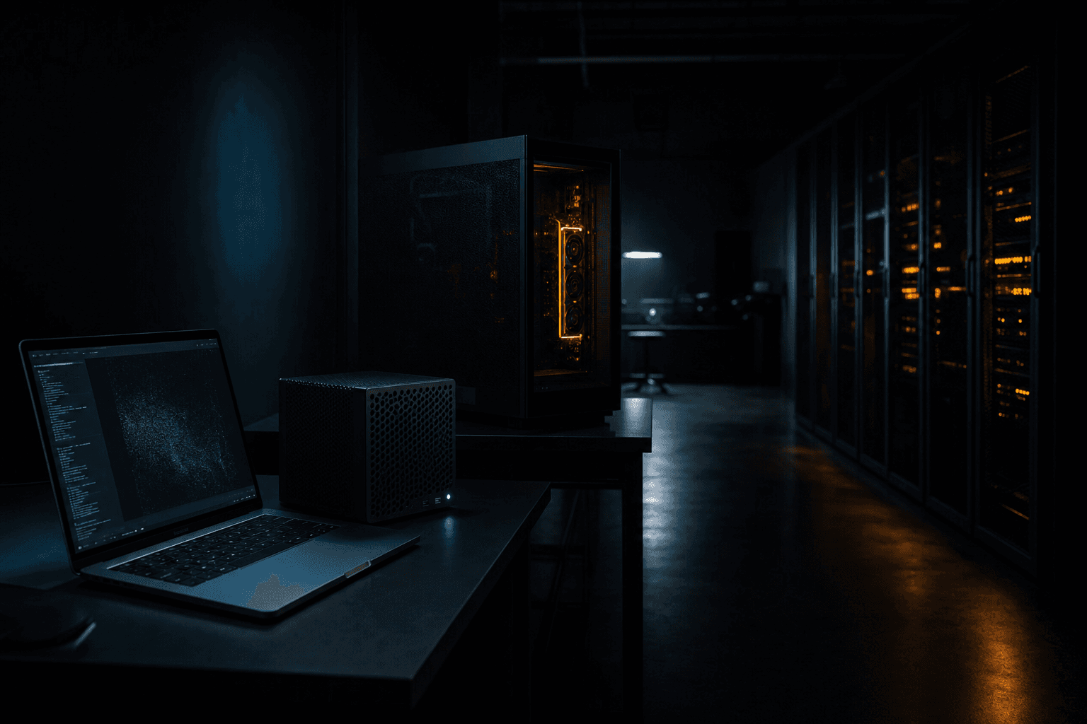 Editorial dark photograph suggesting desk-to-rack AI inference hardware scale