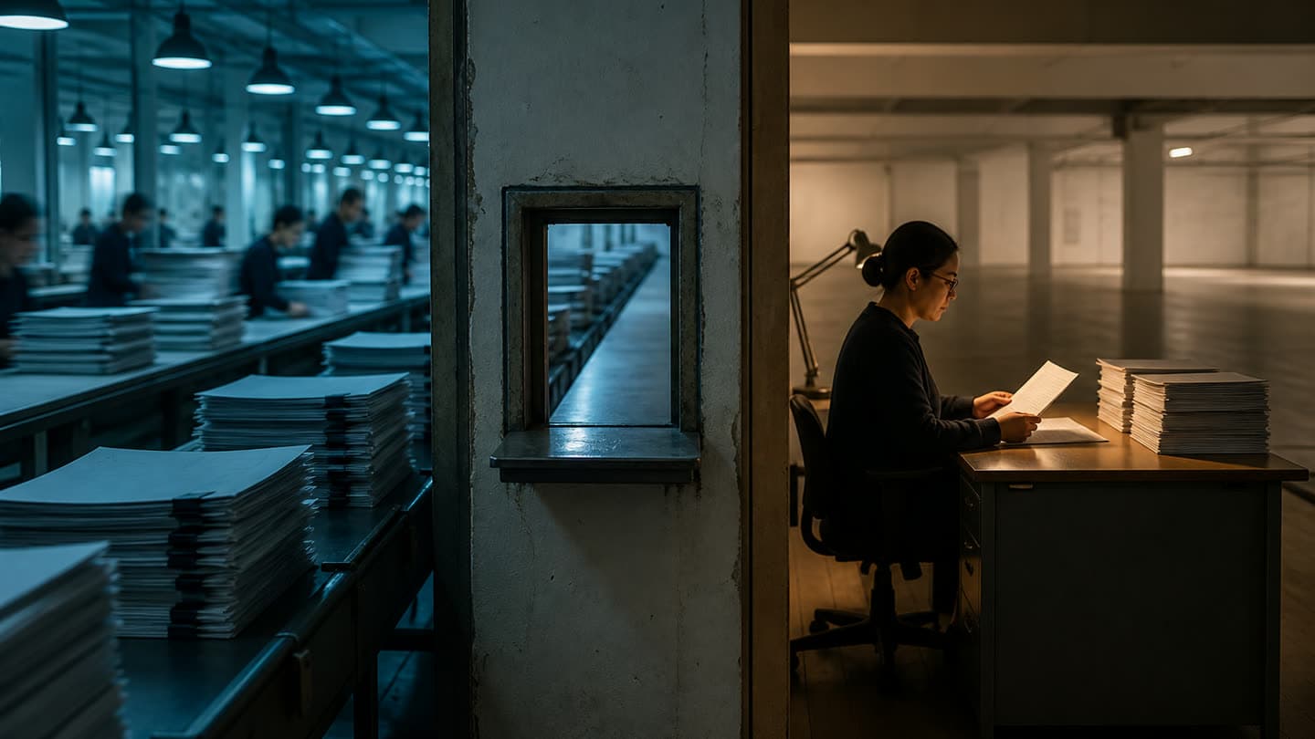 In a cool-lit hall, long benches carry rows of identical paper stacks and a few workers keep them coming. A small hatch in a concrete wall is the only way through. Past it, one woman at a desk lamp reads a single sheet beside her own stack, and the floor behind her is empty.