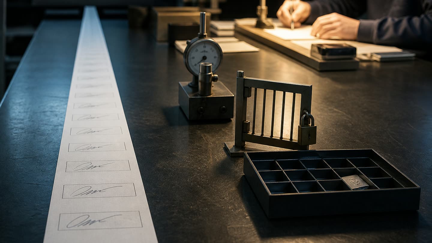 A long strip of identical signature boxes recedes across a dark bench, the nearest signature crisp and the far ones fading to almost nothing. At right angles, warm-lit: a dial gauge, a padlocked gate, and a compartment tray holding one pulled item, with a hand and pen beyond.