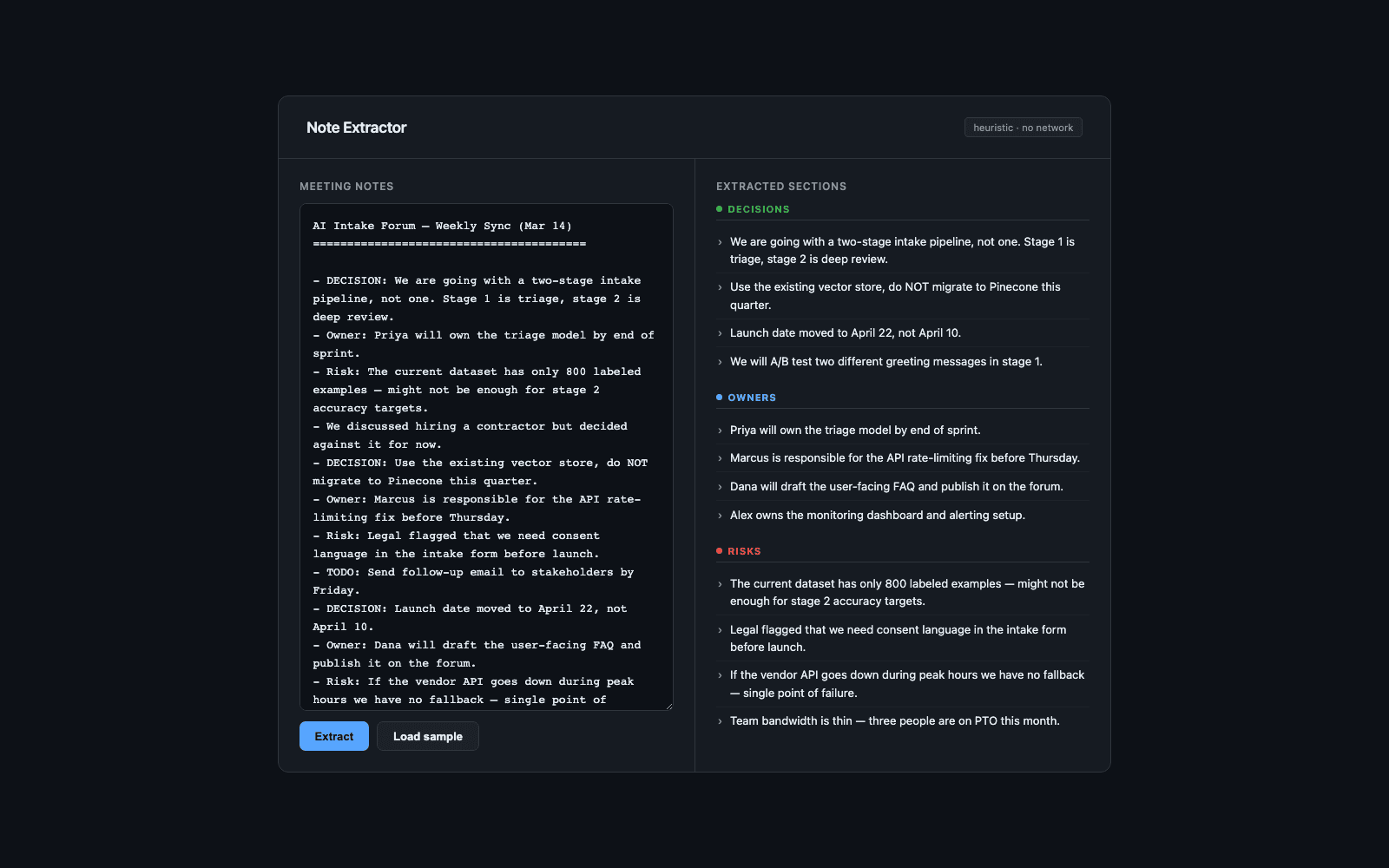 Meeting-notes extractor: paste messy notes, get decisions, owners, and risks