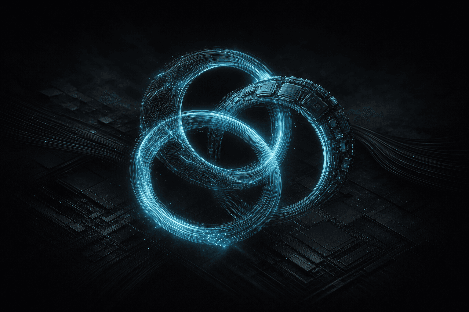 Abstract editorial hero: three interlocking rings of cyan light — software, silicon, and network — turning as one flywheel on a dark field.