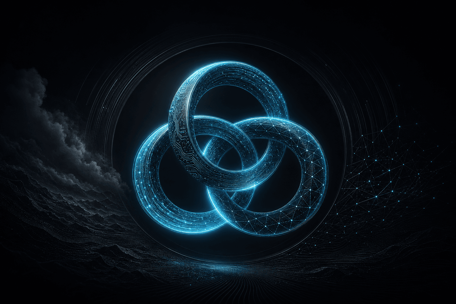 Abstract editorial hero: three interlocking rings of cyan light — software, silicon, and network — turning as one flywheel on a dark field.