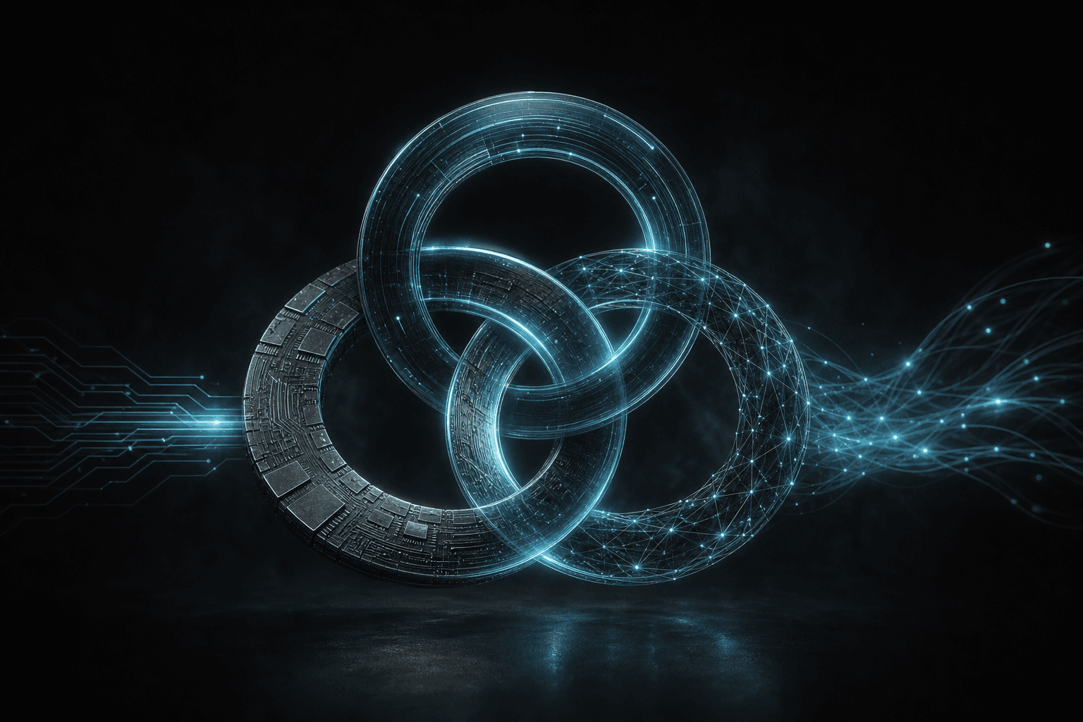 Abstract editorial hero: three interlocking rings of cyan light — software, silicon, and network — turning as one flywheel on a dark field.