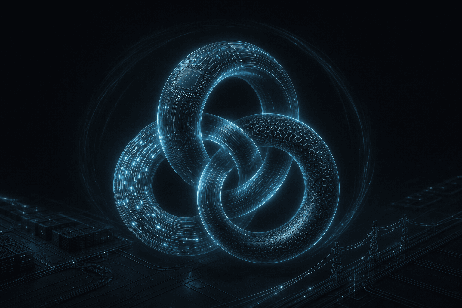 Abstract editorial hero: three interlocking rings of cyan light — software, silicon, and network — turning as one flywheel on a dark field.