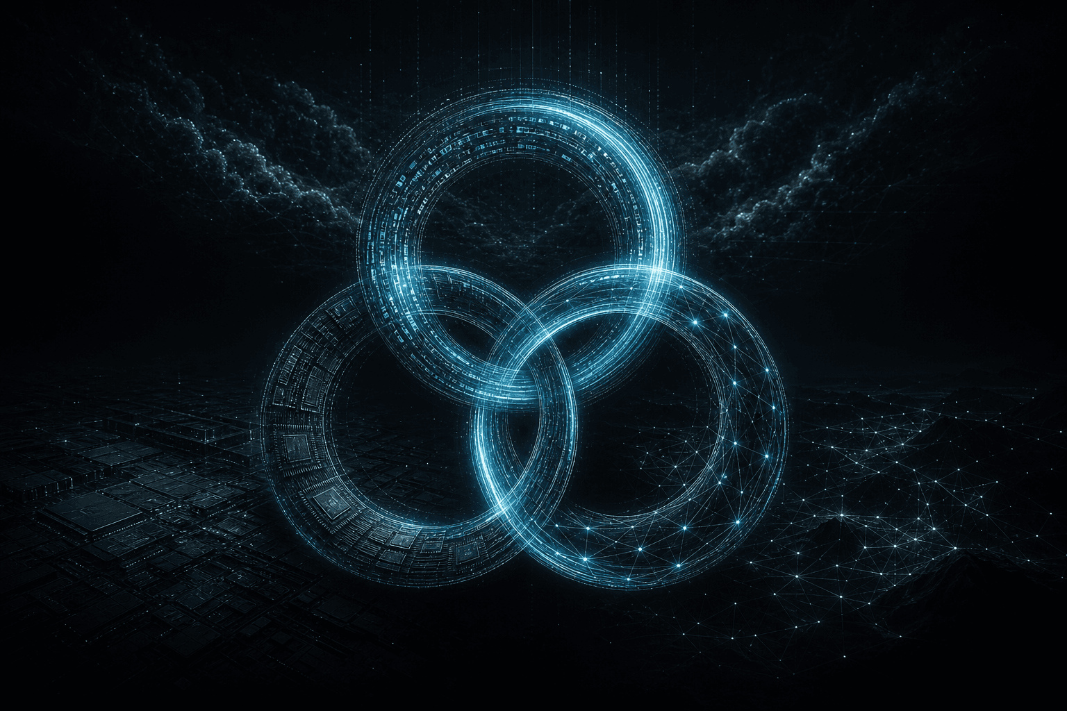 Abstract editorial hero: three interlocking rings of cyan light — software, silicon, and network — turning as one flywheel on a dark field.