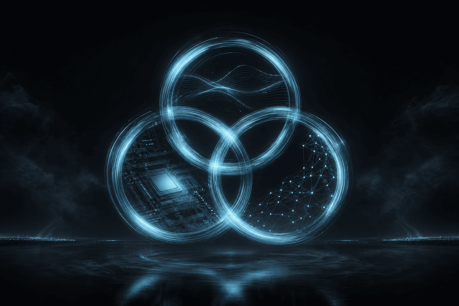 Abstract editorial hero: three interlocking rings of cyan light — software, silicon, and network — turning as one flywheel on a dark field.