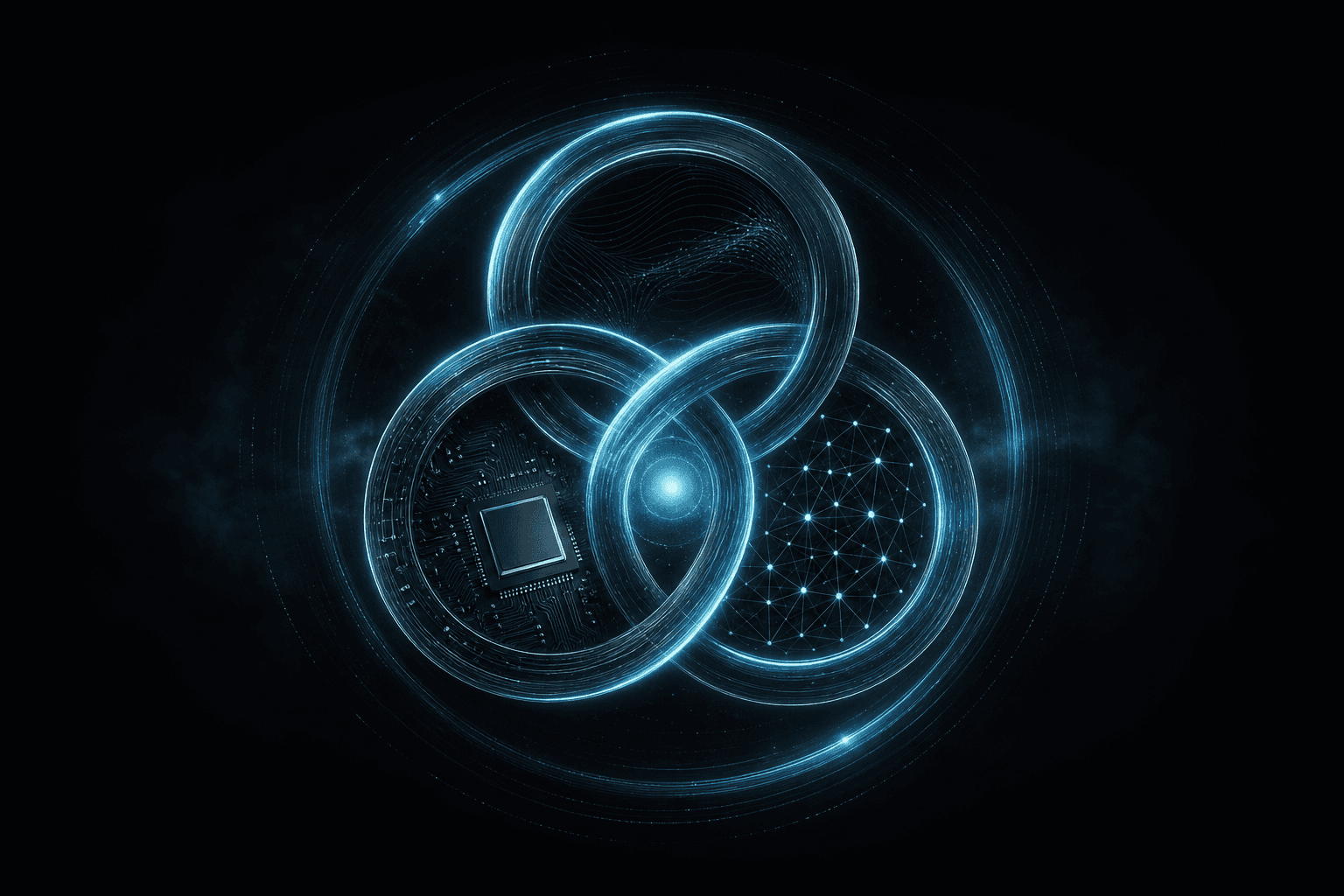 Abstract editorial illustration: three interlocking rings of cyan light — software, silicon, and network — turning as one flywheel on a dark field.