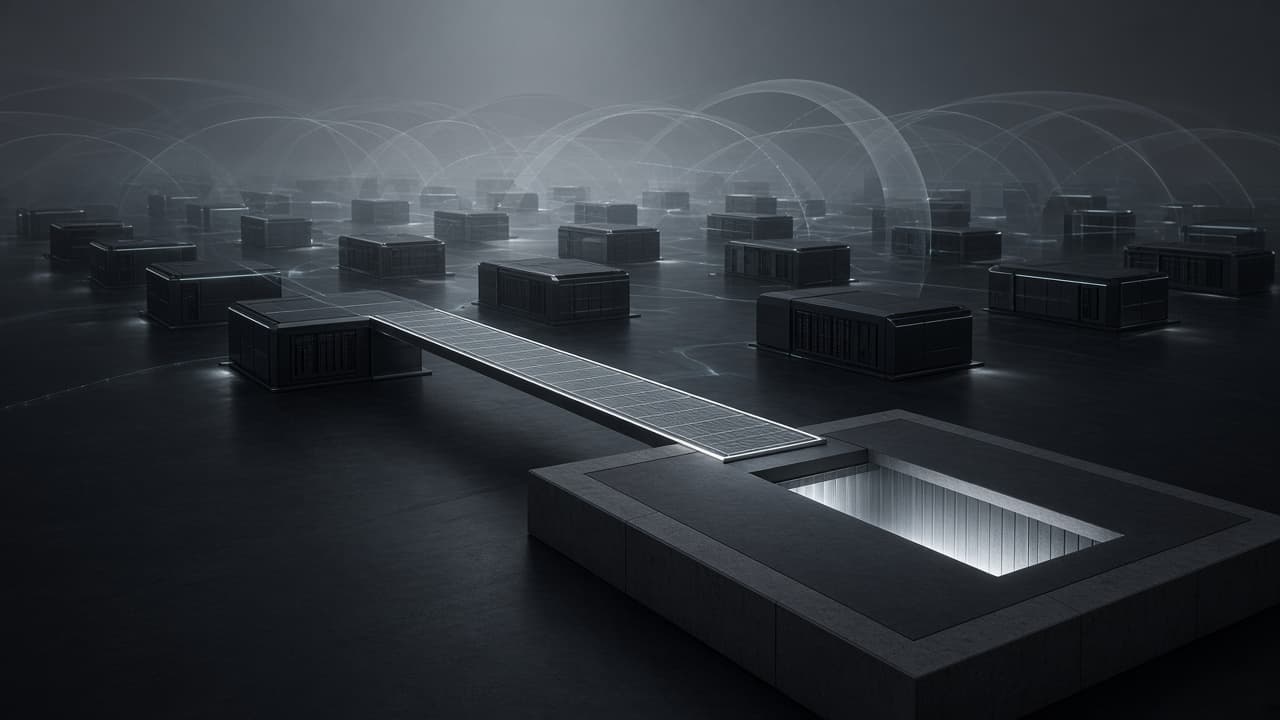 Abstract editorial scene of modular data-centre structures, with translucent option pathways converging on one illuminated measured delivery.