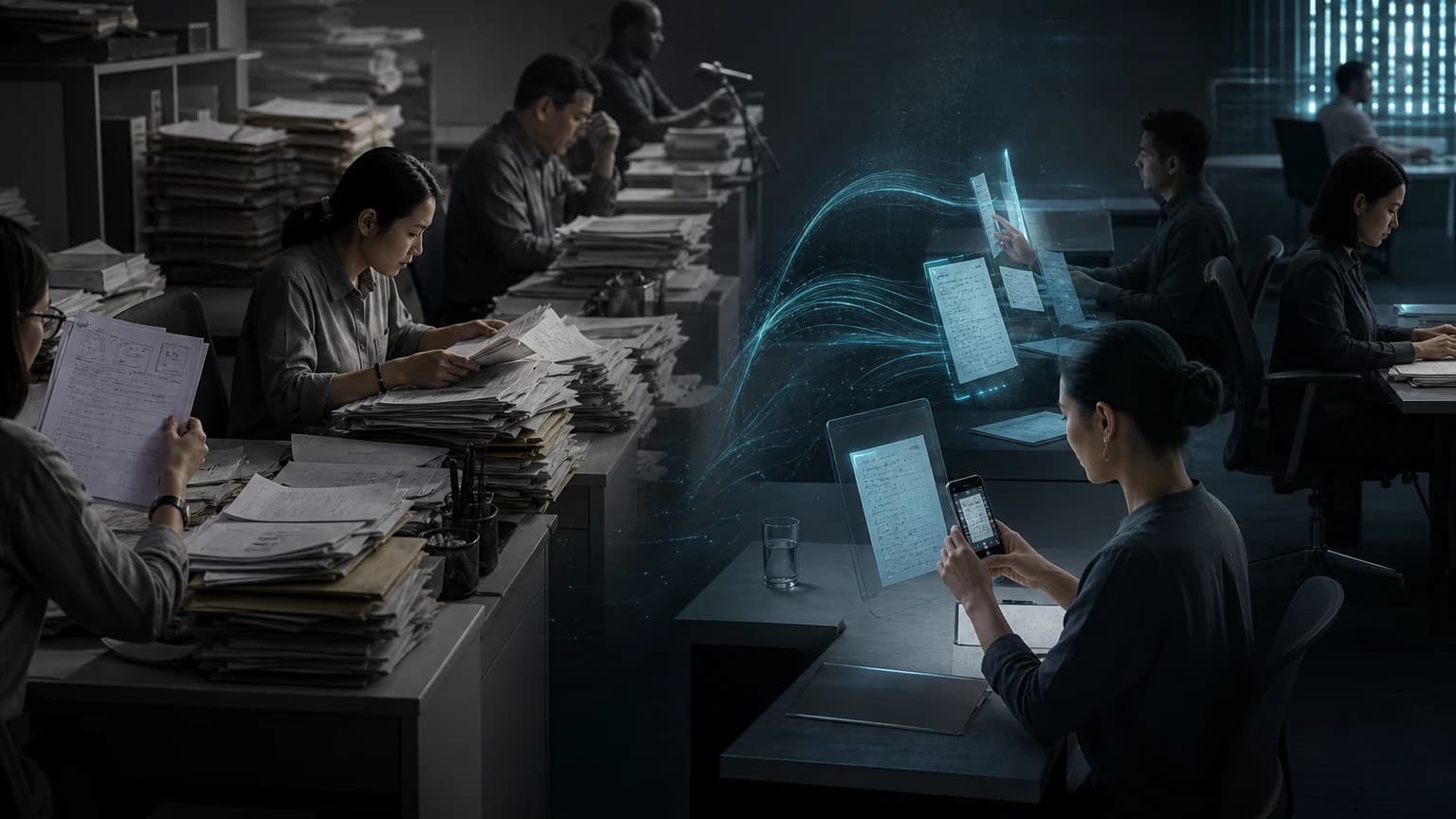 An editorial scene for AIA Group contrasts submit physical forms and paper medical documentation with photograph invoices and documents with a phone in the genai-enabled medical claims straight-through processing workflow.