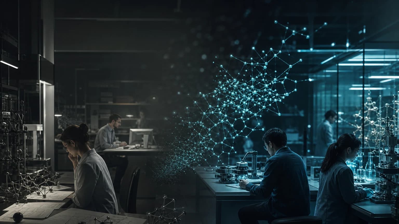 An editorial scene for Google DeepMind contrasts select candidate structures and run high-cost stability calculations. with predict energies and identify candidate stable structures at large scale. in the gnome graph-network crystal stability discovery workflow.