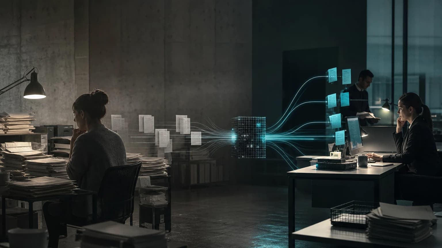 An editorial scene for UK Department for Work and Pensions contrasts receives a new claimant request and applies existing eligibility and fraud controls. with scores new advance requests and refers predicted high-risk cases. in the ml risk referral with human fraud decision workflow.