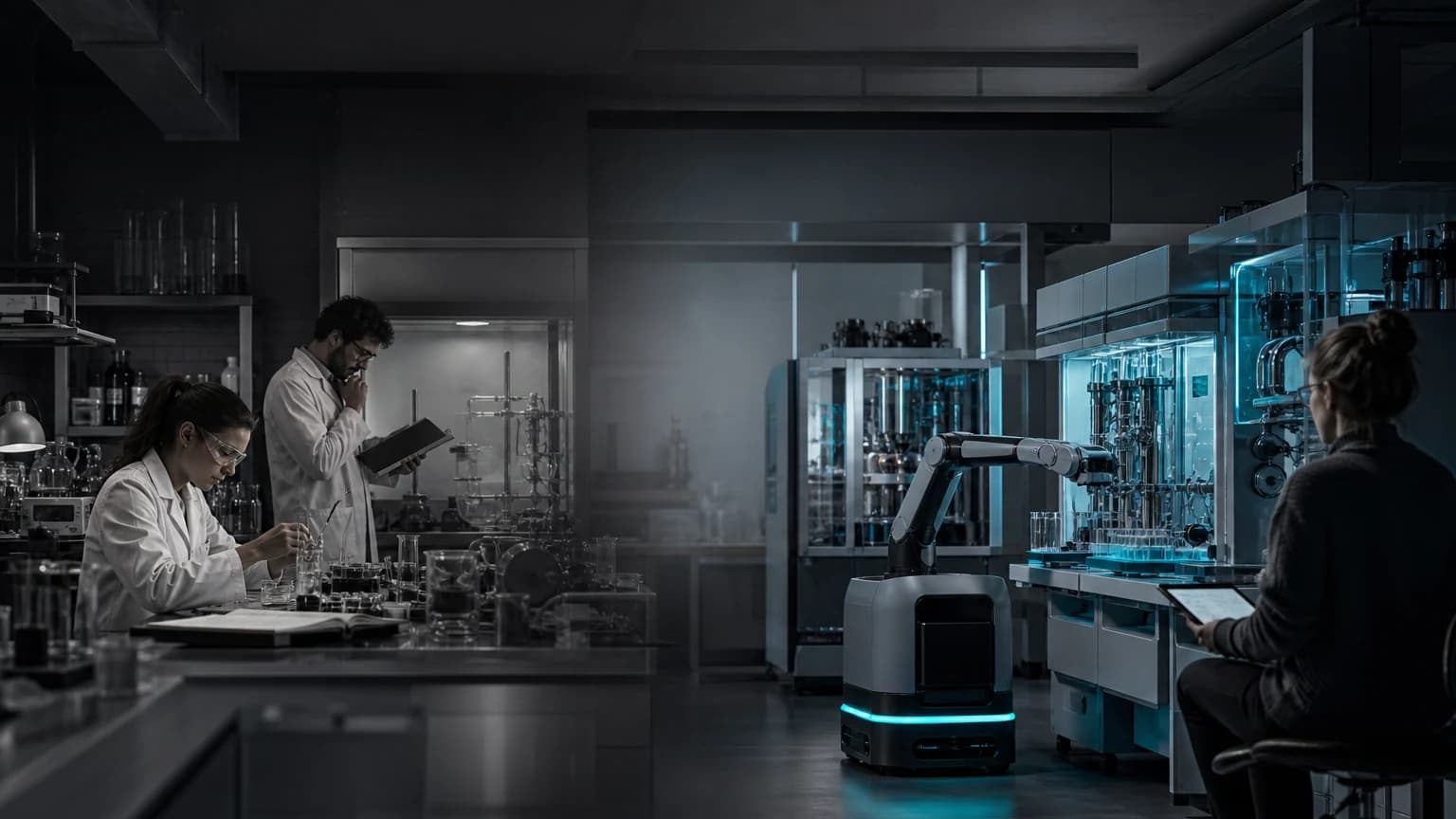 An editorial scene for University of Liverpool contrasts chooses formulations, prepares samples, operates instruments, records results, and decides the next experiment. with selects the next batch from prior measured outcomes. in the mobile robotic chemist with bayesian experiment selection workflow.