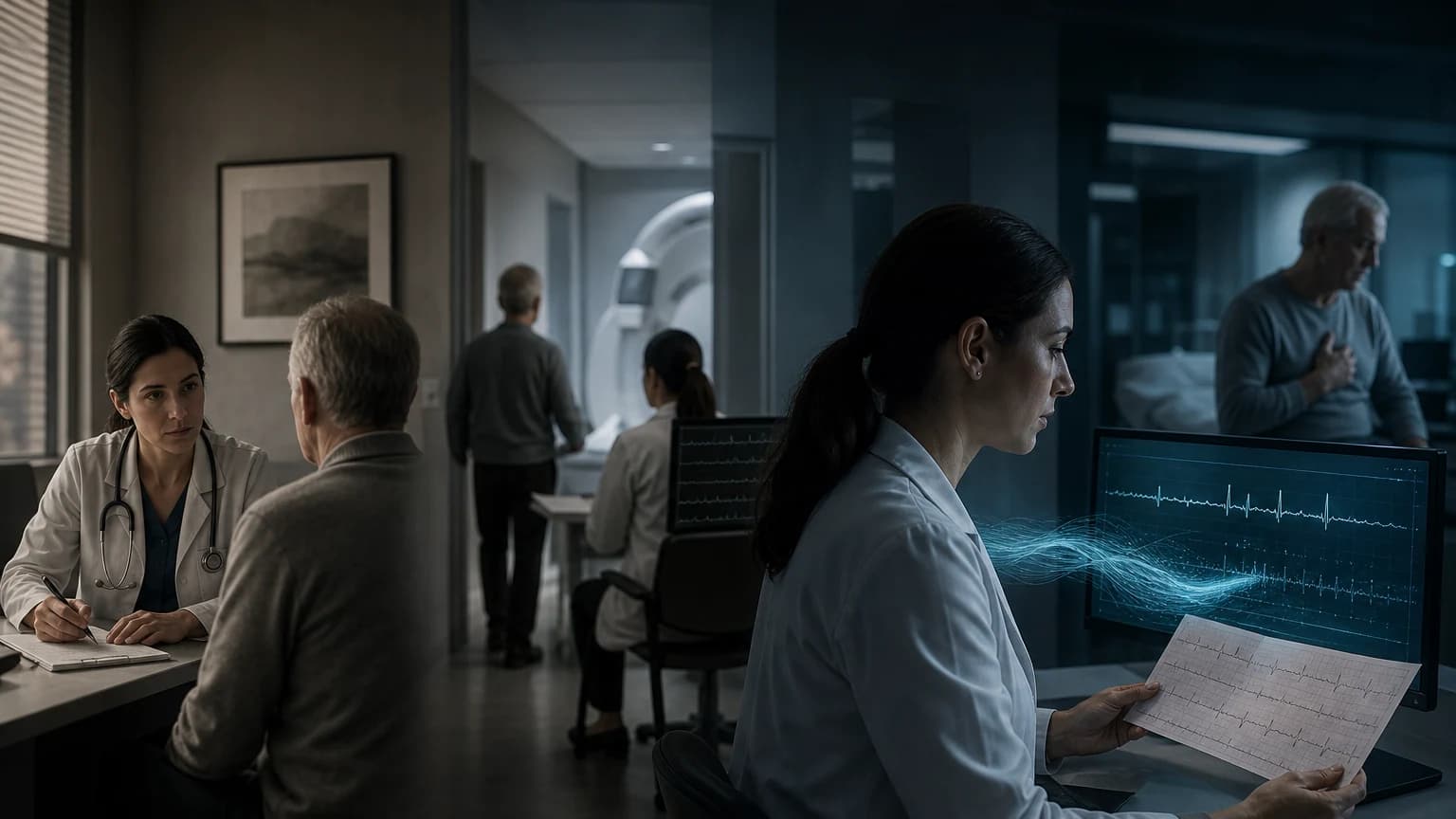 An editorial scene for Mayo Clinic primary-care practices contrasts order ecgs for routine clinical reasons and evaluate heart failure using usual-care signals. with analyzes routine ecgs and reports high likelihood of low ejection fraction. in the eagle ai-ecg clinical decision support workflow.