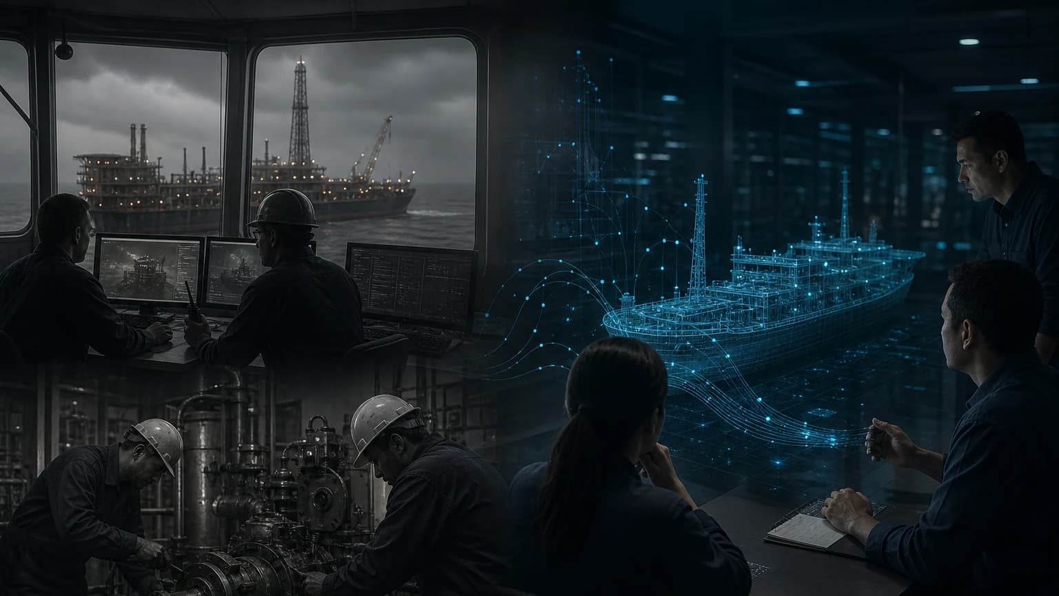 An editorial scene for MODEC contrasts monitors equipment and addresses maintenance needs without a machine-learning early-warning layer. with analyze vessel operating data to detect deteriorating equipment performance and identify processing-plant problems. in the sensor, digital-twin, and machine-learning predictive maintenance on fpso mv29 workflow.