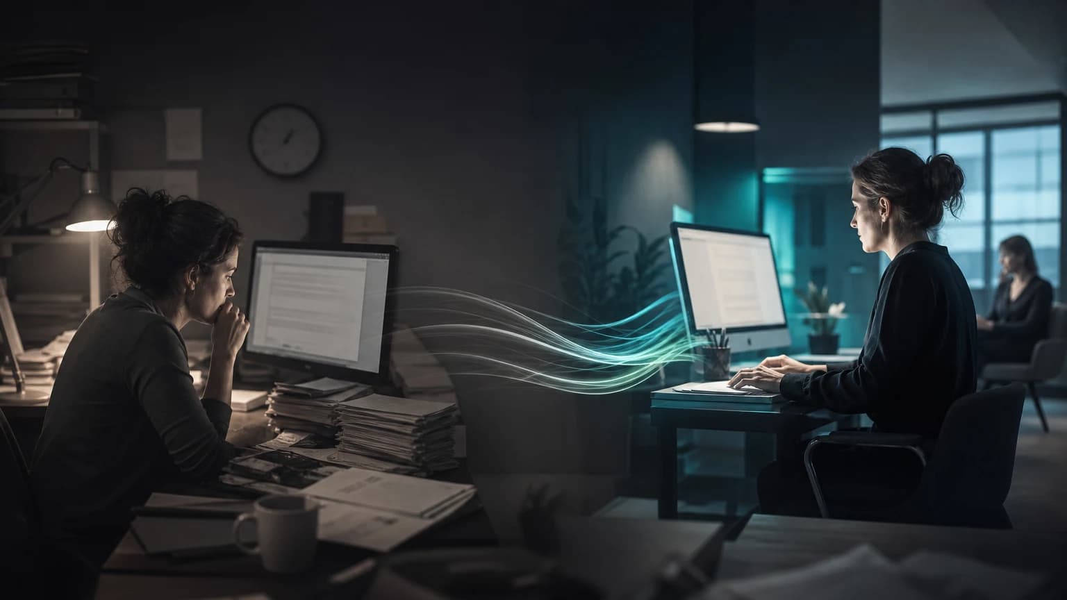 An editorial scene for Octopus Energy contrasts read and draft response to customer email with draft response to customer email (2023) or answer straightforward emails autonomously (2026) in the ai-drafted customer email / arlo assistant workflow.