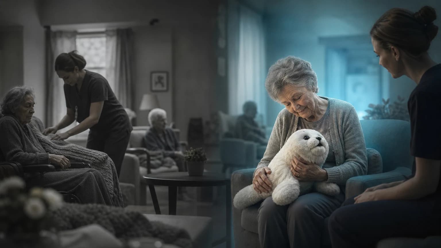 An editorial scene for Twenty-eight South-East Queensland long-term care facilities contrasts provides usual care and available psychosocial activities. with participates in an individual non-facilitated 15-minute responsive-robot session three times weekly. in the paro robotic-seal engagement sessions workflow.