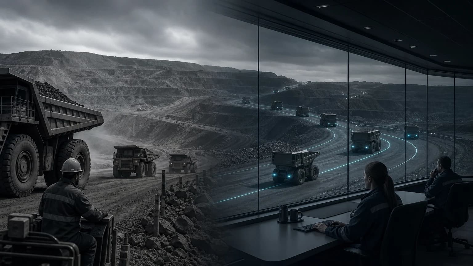 An editorial scene for Rio Tinto contrasts drives heavy haul truck along mine roads and intersections. with navigates trucks on predefined gps courses using fleet position, speed, and direction data. in the autonomous haulage system for iron-ore operations workflow.