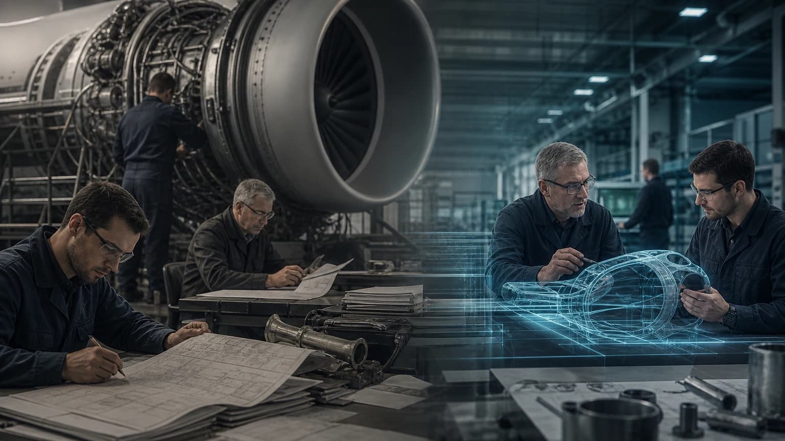 An editorial scene for Rolls-Royce Holdings plc contrasts identifies a needed technical variant and prepares the engineering change through a labor-intensive process. with assists the detailed technical-variation work for a defined engine-engineering use case. in the governed airr technical-variation agent workflow.