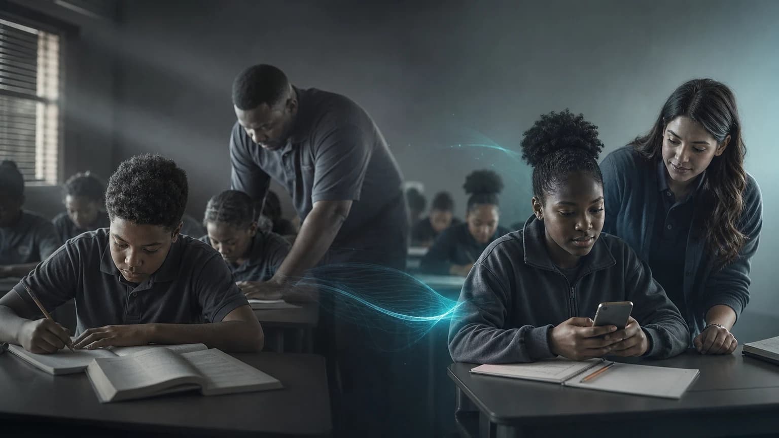 An editorial scene for Rising Academies schools contrasts attends normal math classes and studies with available static materials or limited human support. with uses a school-provided phone for two weekly whatsapp tutoring sessions during study hall. in the rori ai math tutoring through whatsapp workflow.