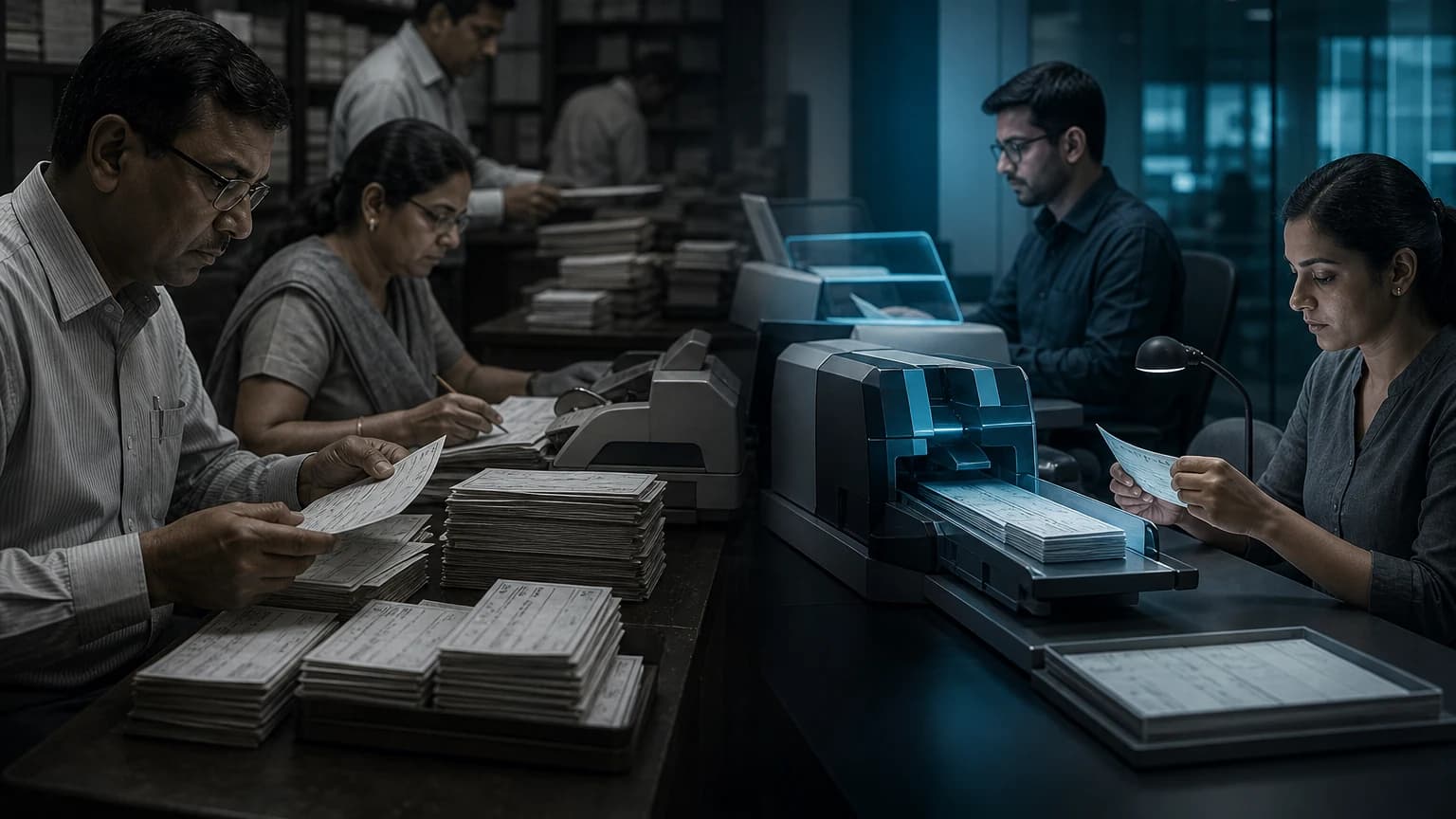 An editorial scene for State Bank of India contrasts reads low-value cheques and verifies mandatory fields and compliance requirements. with reads and validates eligible cheques up to ₹10,000 and passes qualifying items without routine touch. in the ai straight-through processing for low-value cheques workflow.