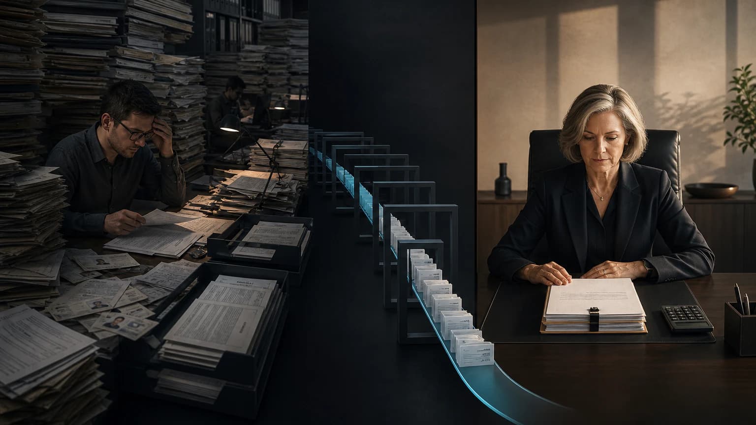 A mortgage analyst surrounded by document queues contrasts with a human credit adjudicator receiving one prepared dossier.