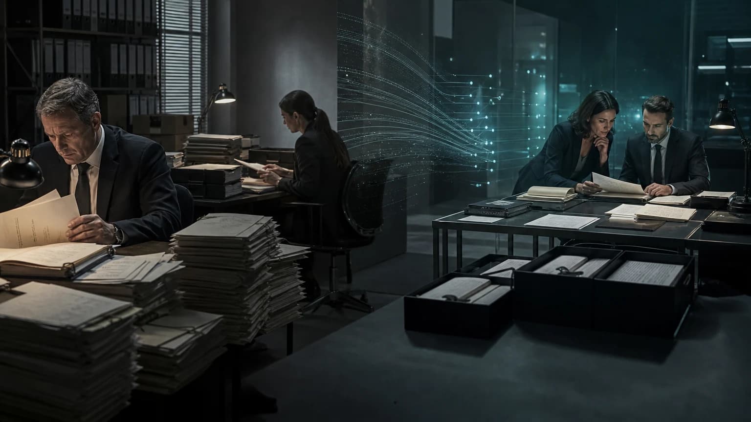 An editorial scene for United Kingdom Serious Fraud Office contrasts reads documents to identify material potentially covered by legal professional privilege. with screen privilege content, categorize files, identify patterns, and remove duplicates. in the ai legal-privilege screening and investigative document analysis workflow.