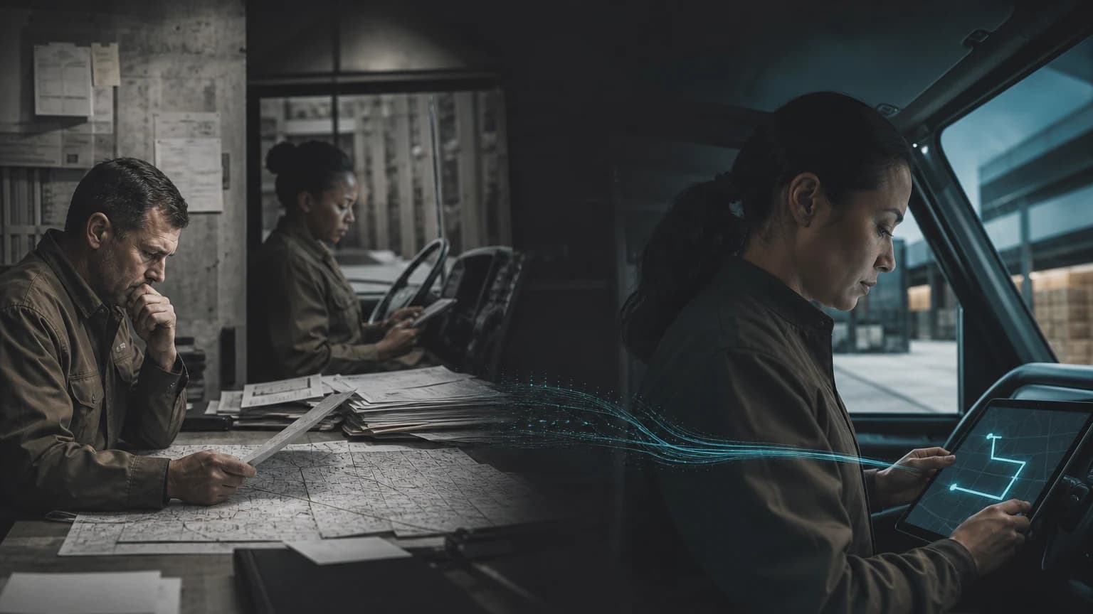 An editorial scene for UPS contrasts build and adjust a route sequence from service commitments and local knowledge. with calculates an optimized route that meets service commitments from package and network data. in the orion algorithmic route sequencing for delivery drivers workflow.