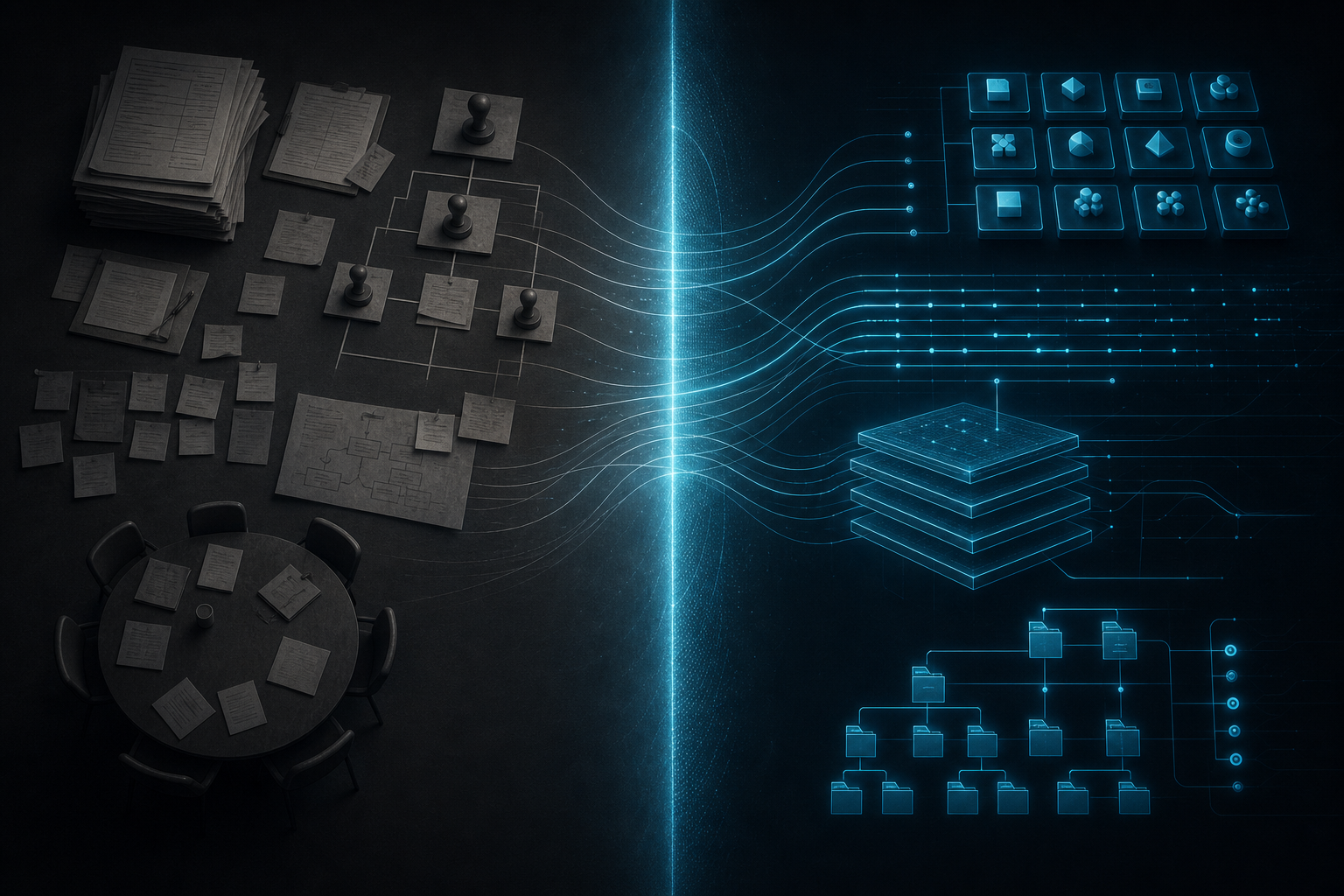 An enterprise rendered as two facing columns — human-legible forms, approval chains, wikis, and status meetings on the left; machine-legible intent capture, policy-as-code, context packages, observability streams, and executable context on the right, joined by a translation layer in the middle.