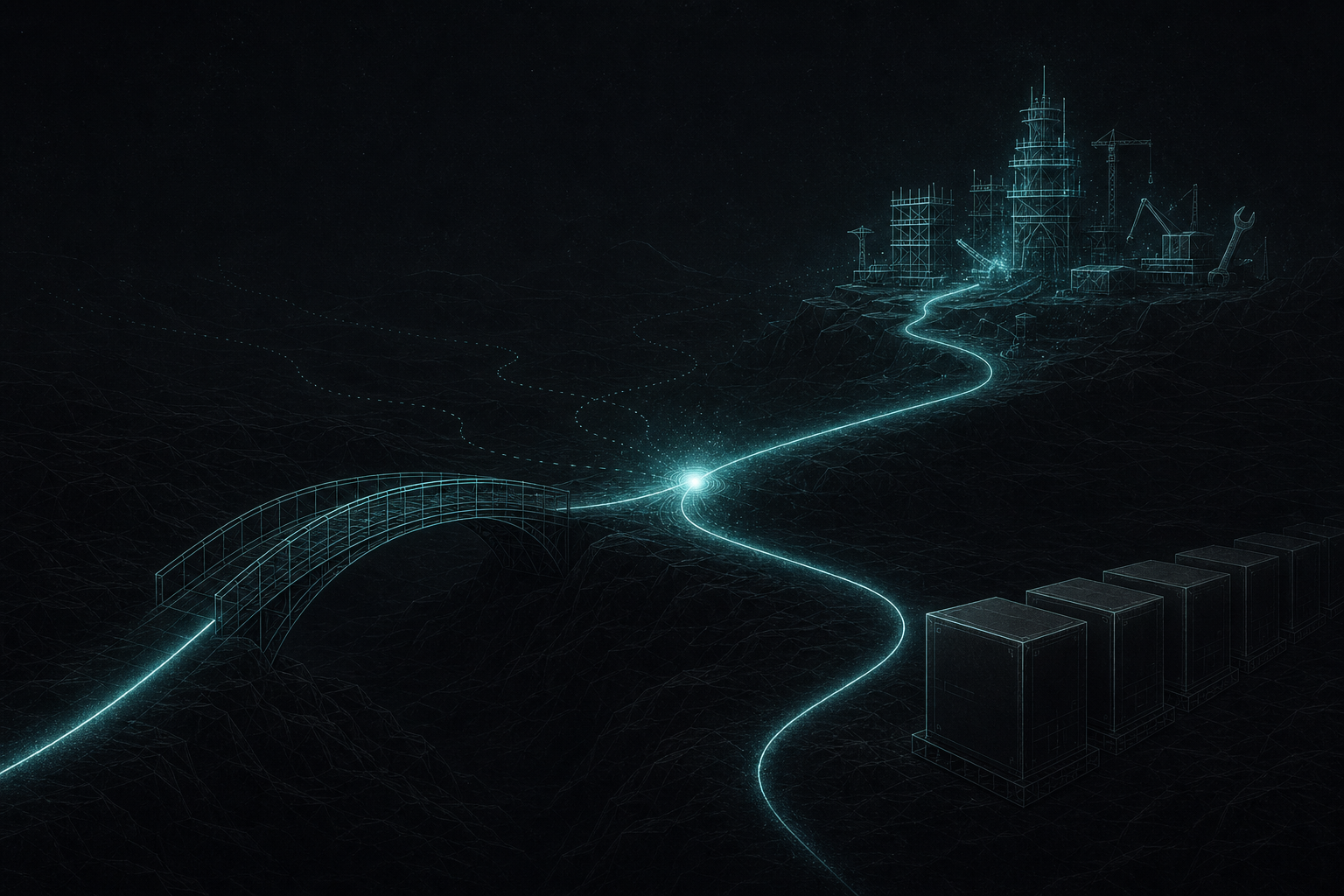 A branching path diverging into two forks under a bridge labeled FDE; on one side a domain native at a workbench authoring evals, on the other a governed packaged vertical delivered by a services team.