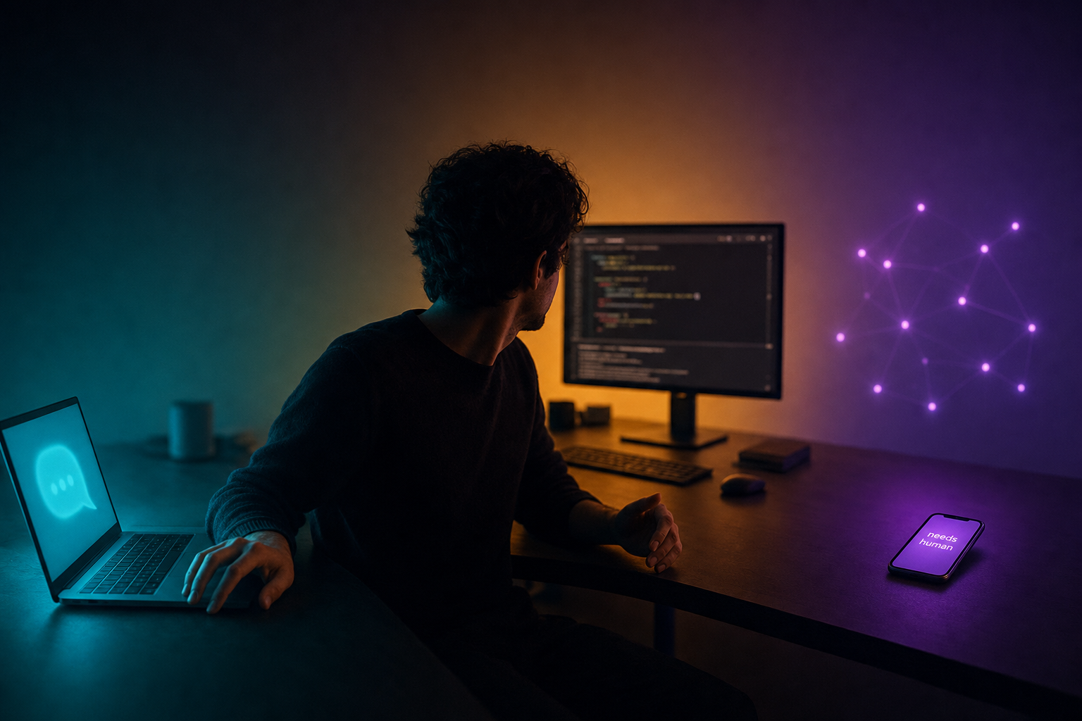 One operator's workspace where all three postures coexist as lit zones along a single long desk: a cyan-lit laptop with a chat bubble at the human's left hand, an amber-lit IDE monitor in the center showing an agent at work while the human watches, and a violet-lit phone at the right end of the desk displaying a single notification reading "needs human" with a faint constellation of agent nodes glowing on the back wall behind it.
