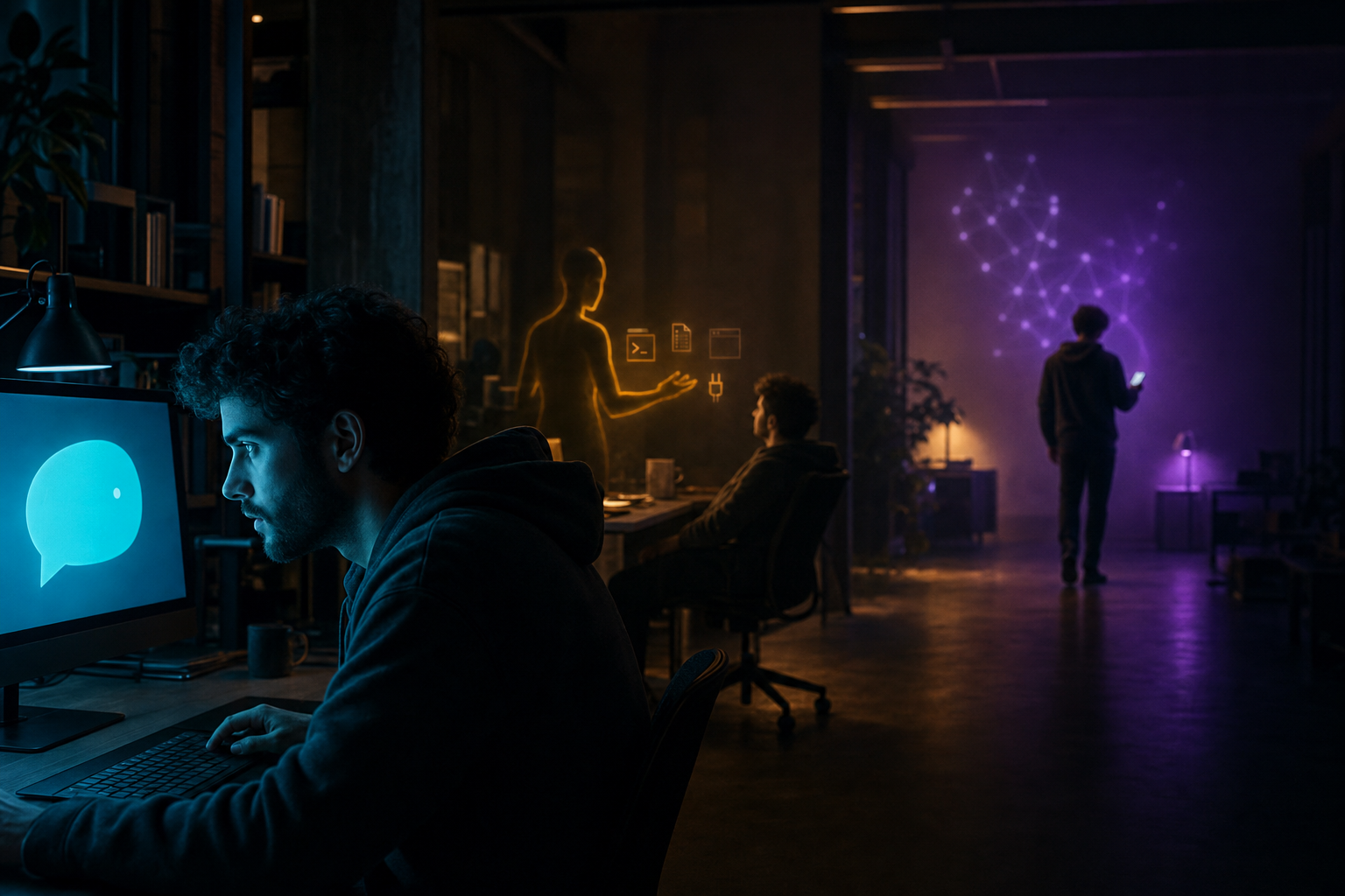 The three postures of AI work, captured as a single cinematic editorial photograph: a person seated at a glowing chat-bubble screen in the cyan-lit foreground, the same person leaning back while an agent figure manipulates tool glyphs in the amber-lit middle distance, and the same person walking away toward a violet mesh of agent nodes glowing on a far wall, a single signal arcing out to a phone in their hand.