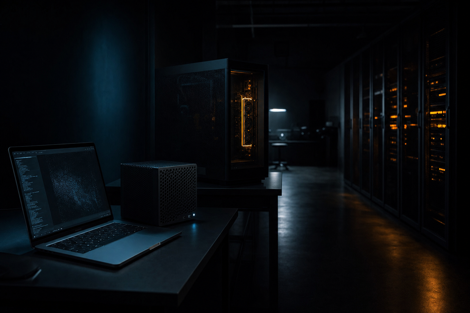 Editorial dark photograph suggesting desk-to-rack AI inference hardware scale