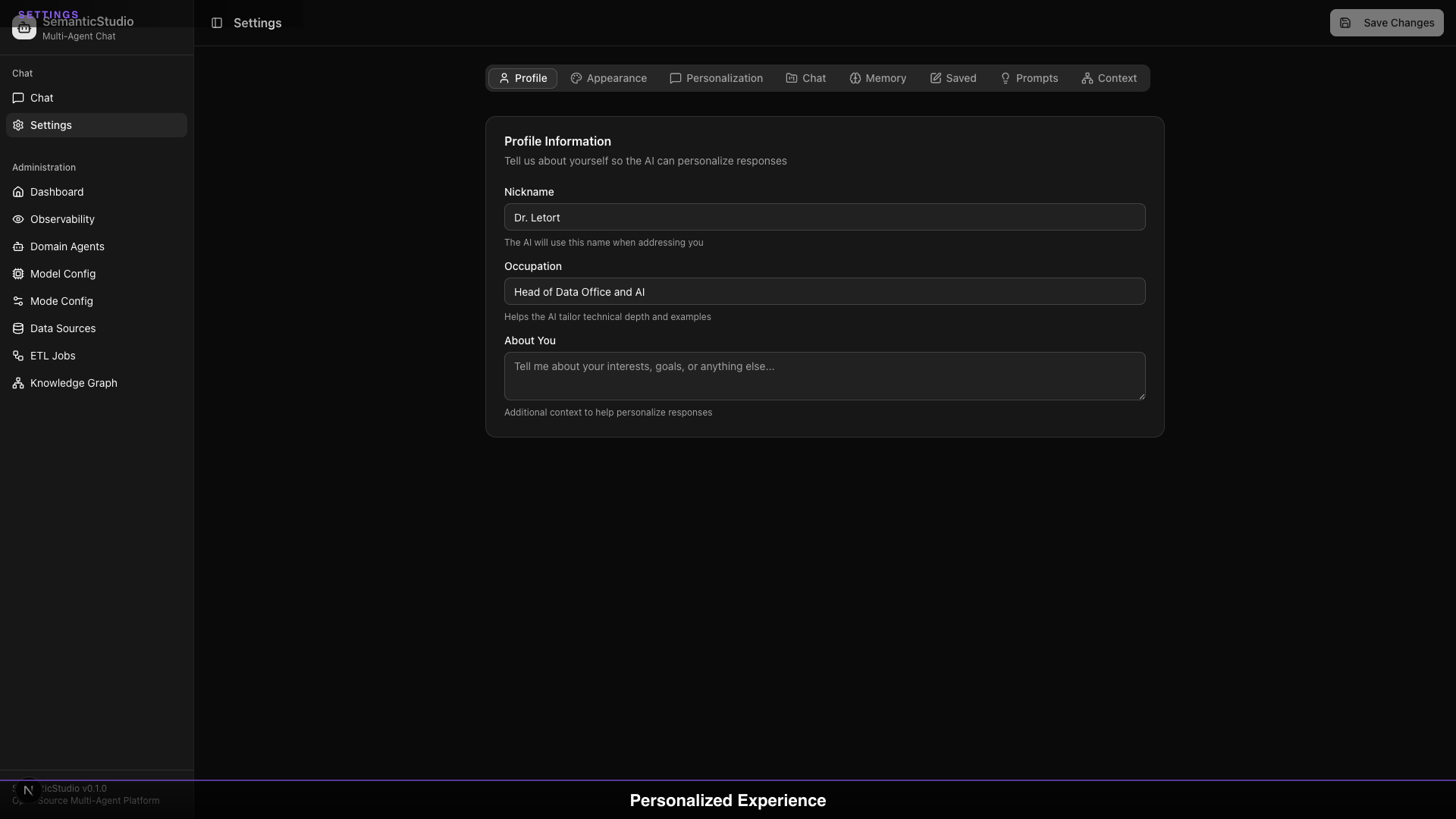 SemanticStudio settings page with profile and preferences