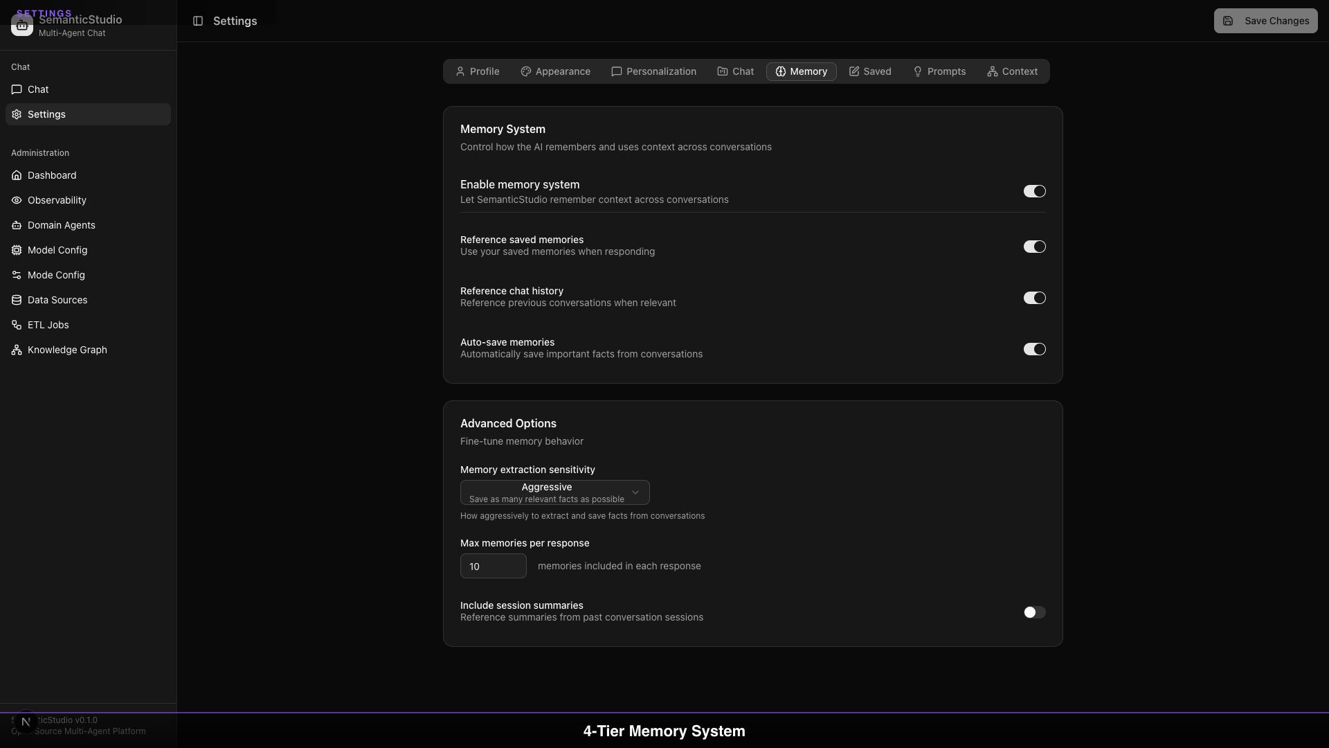 SemanticStudio settings showing memory preferences