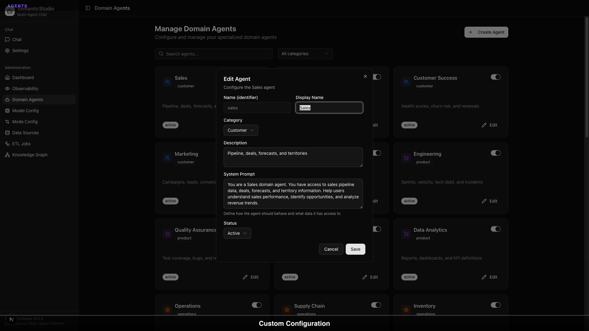 SemanticStudio agent edit dialog showing customization options